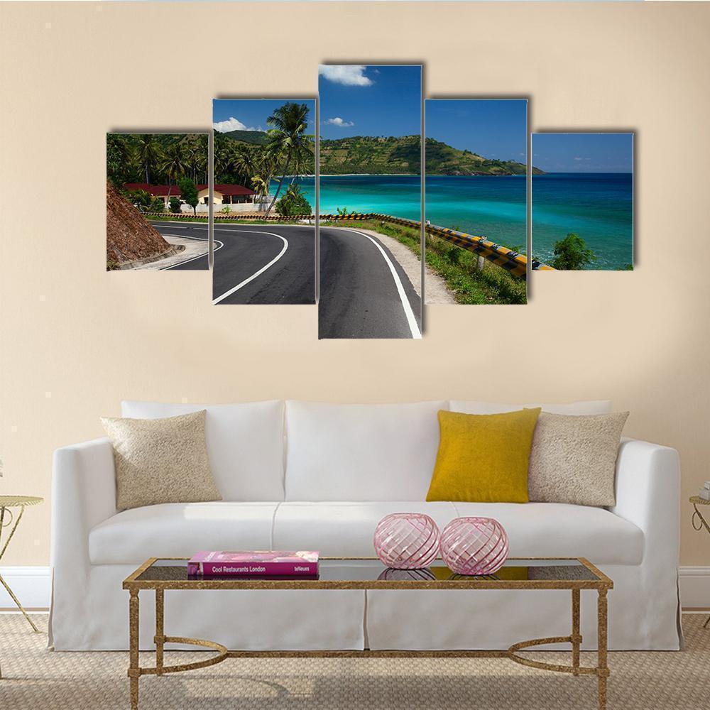 Asphalt Road Along Tropical Coastline Nature Canvas Wall Art