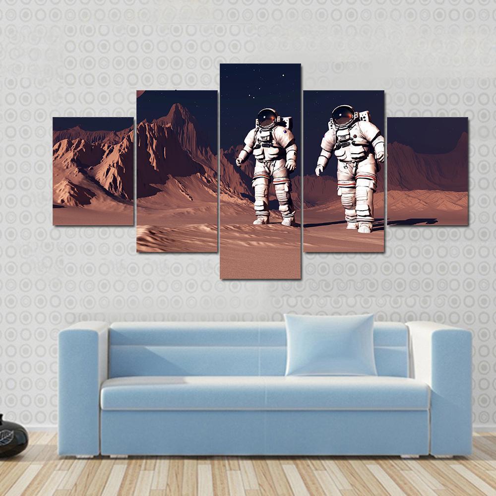 Astronauts Walking On Mars Surface Space Canvas Wall Art