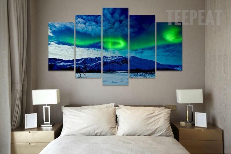 Aurora Borealis In The Cloudy Sky Nature Canvas Wall Art