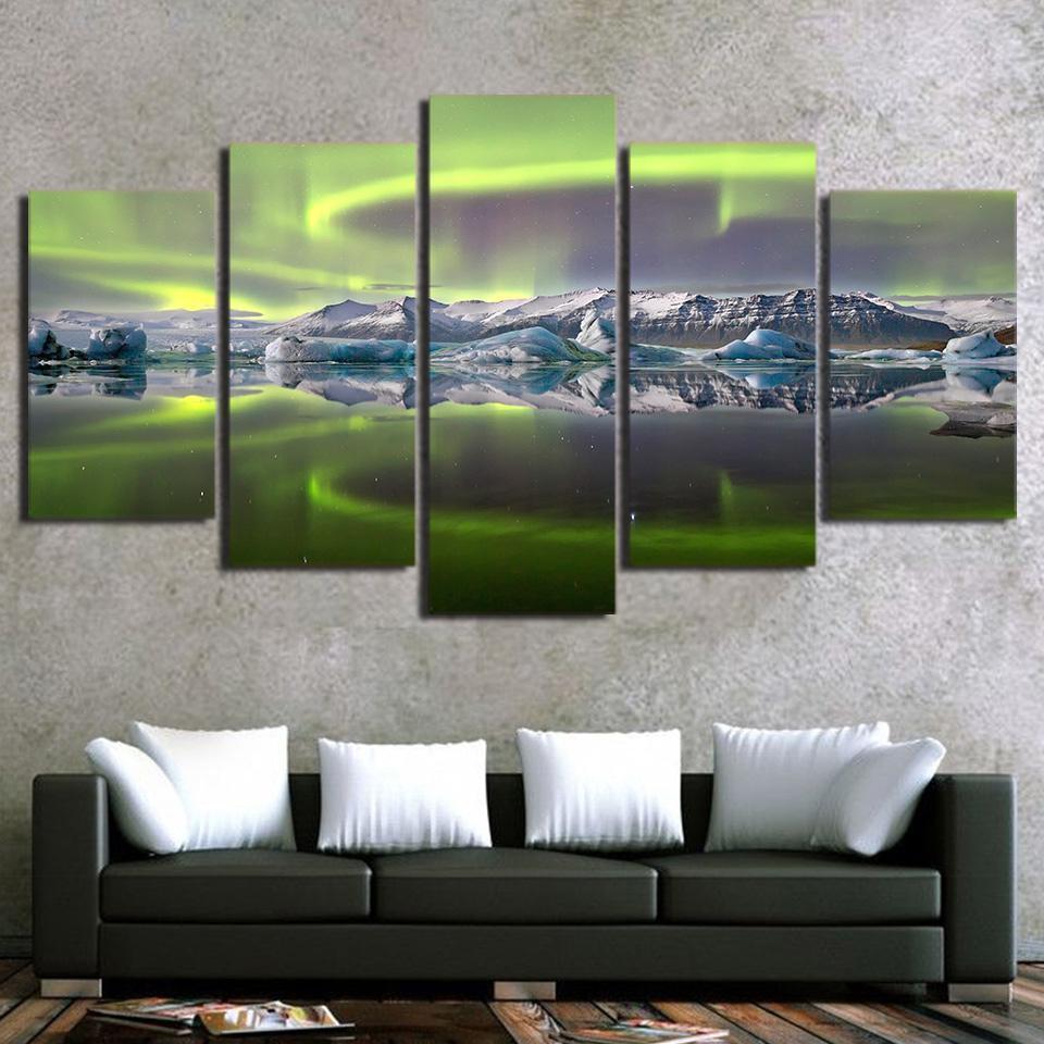 Aurora Borealis Northern Lights With Mountains Nature Canvas Wall Art