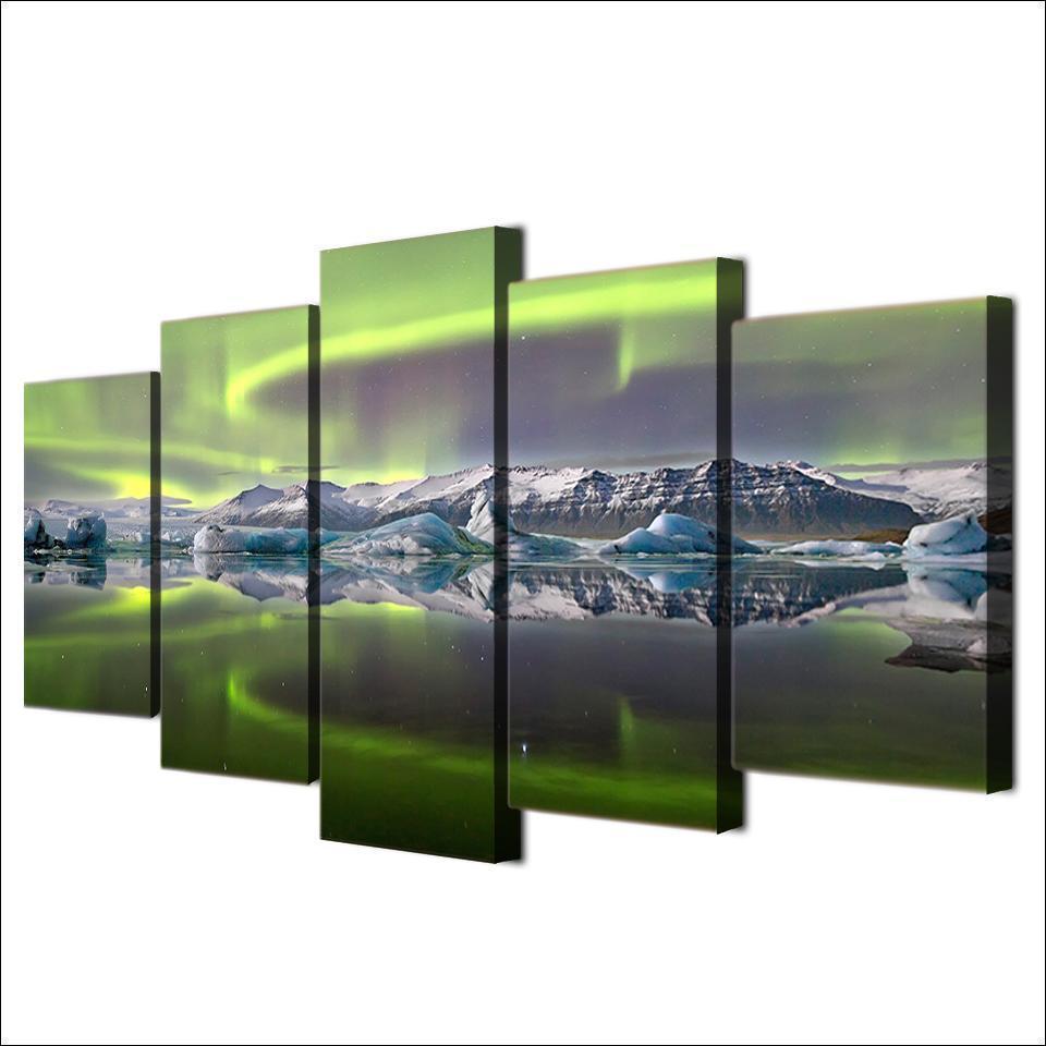 Aurora Borealis Northern Lights With Mountains Nature Canvas Wall Art
