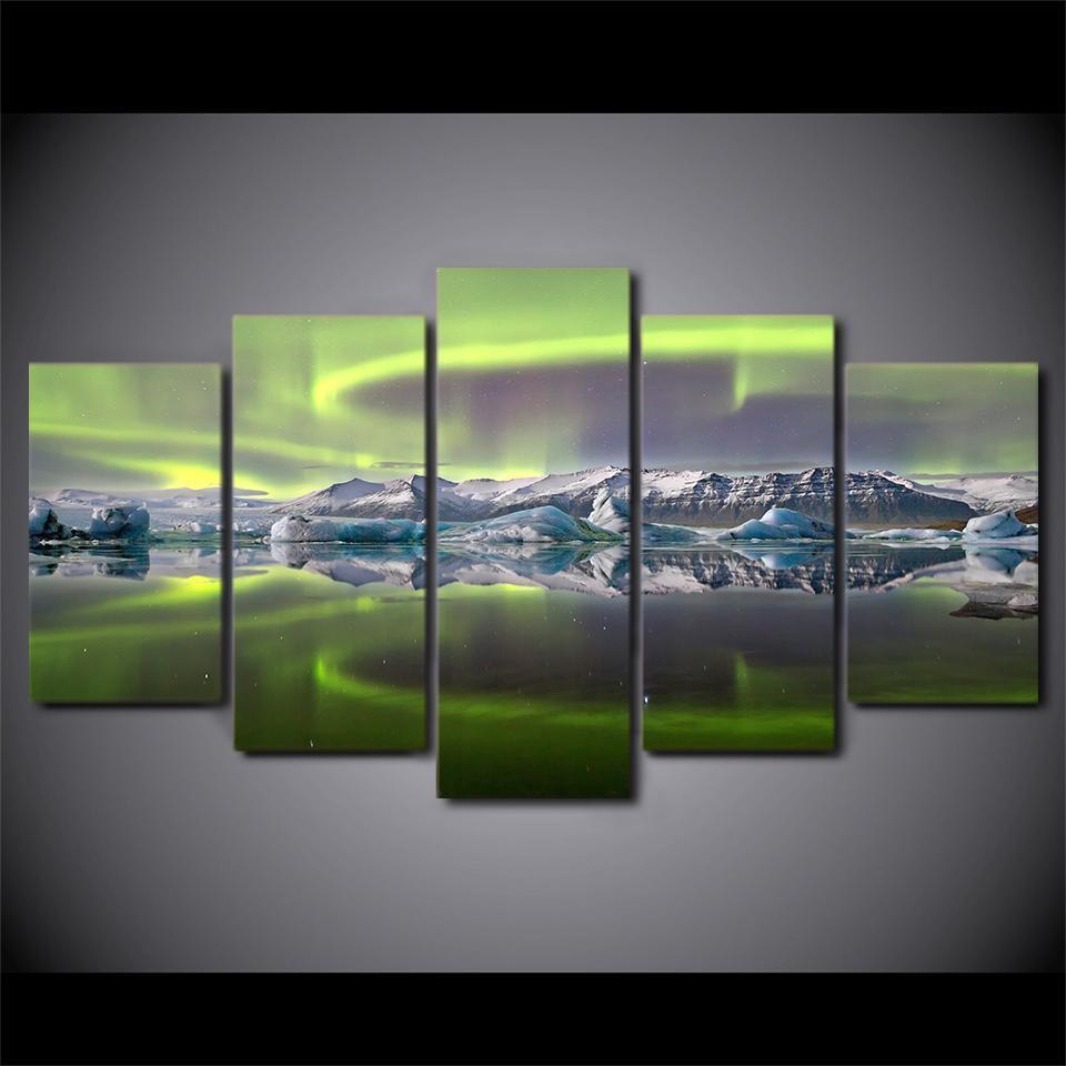 Aurora Borealis Northern Lights With Mountains Nature Canvas Wall Art