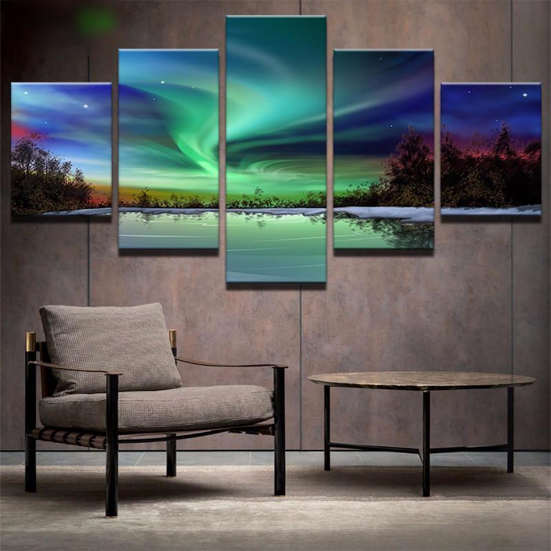 Aurora Borealis Over Forest Lake Landscape Nature Canvas Wall Art