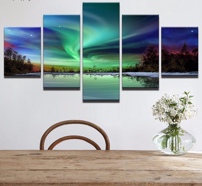 Aurora Borealis Over Forest Lake Landscape Nature Canvas Wall Art