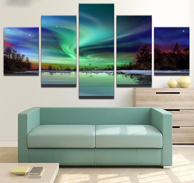 Aurora Borealis Over Forest Lake Landscape Nature Canvas Wall Art