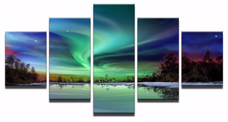 Aurora Borealis Over Forest Lake Landscape Nature Canvas Wall Art