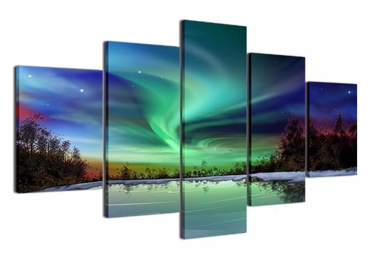 Aurora Borealis Over Forest Lake Landscape Nature Canvas Wall Art