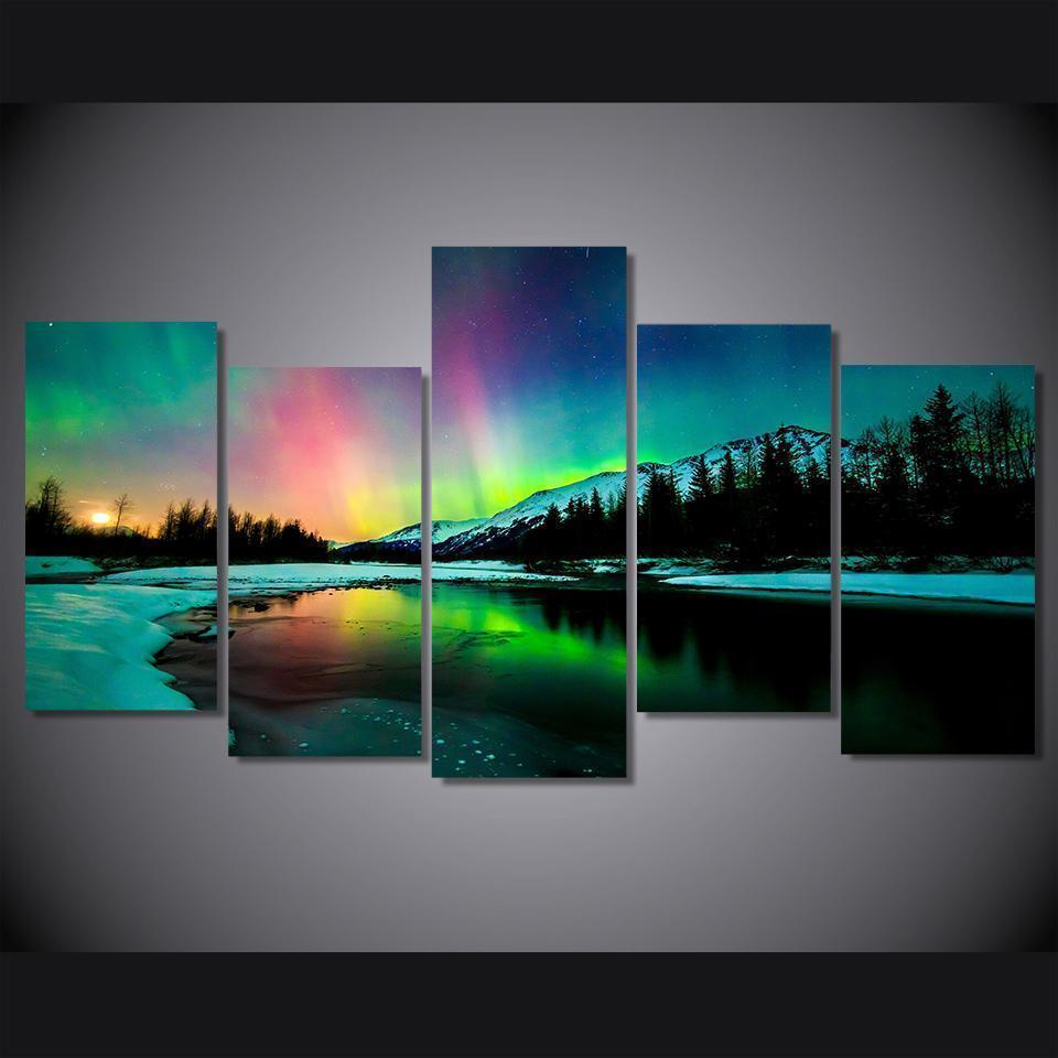 Aurora Borealis Rlight Lake Nature Canvas Wall Art