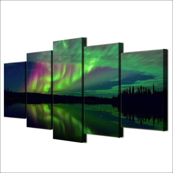 Aurora Lake Shadow Night Landscape Nature Canvas Wall Art