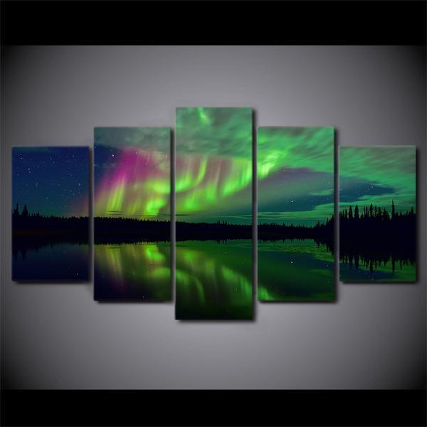 Aurora Lake Shadow Night Landscape Nature Canvas Wall Art