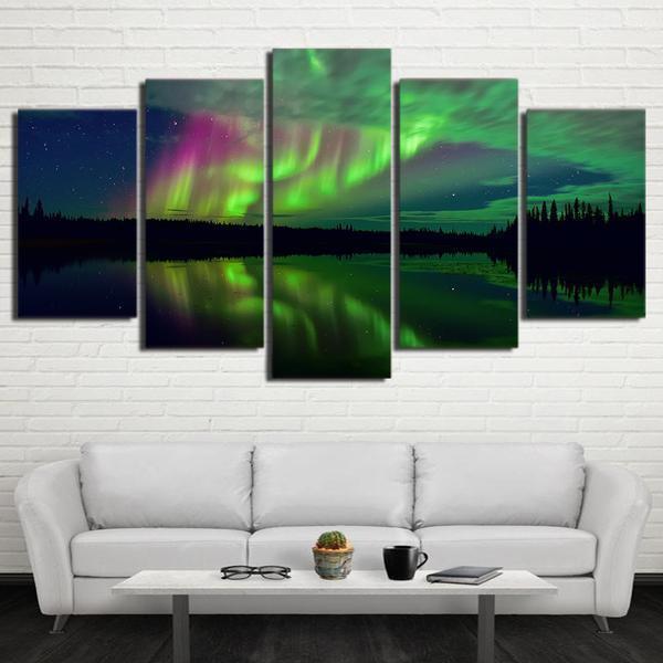 Aurora Lake Shadow Night Landscape Nature Canvas Wall Art