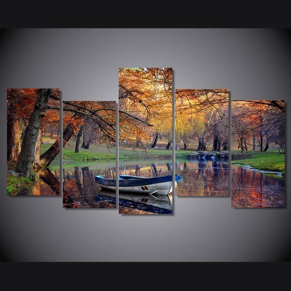 Autumn Fall Park Boat On Water Fall Landscape Nature Canvas Wall Art