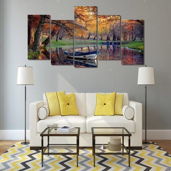 Autumn Fall Park Boat On Water Fall Landscape Nature Canvas Wall Art