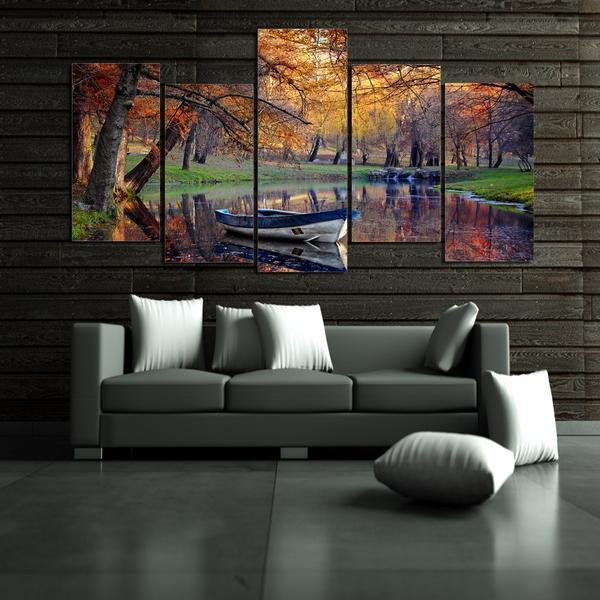 Autumn Fall Park Boat On Water Fall Landscape Nature Canvas Wall Art