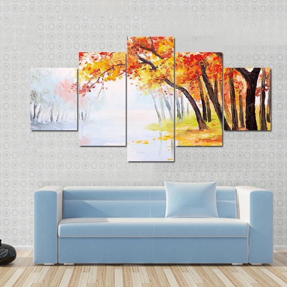 Autumn Forest Near The Lake, Orange Leaves Nature Canvas Wall Art