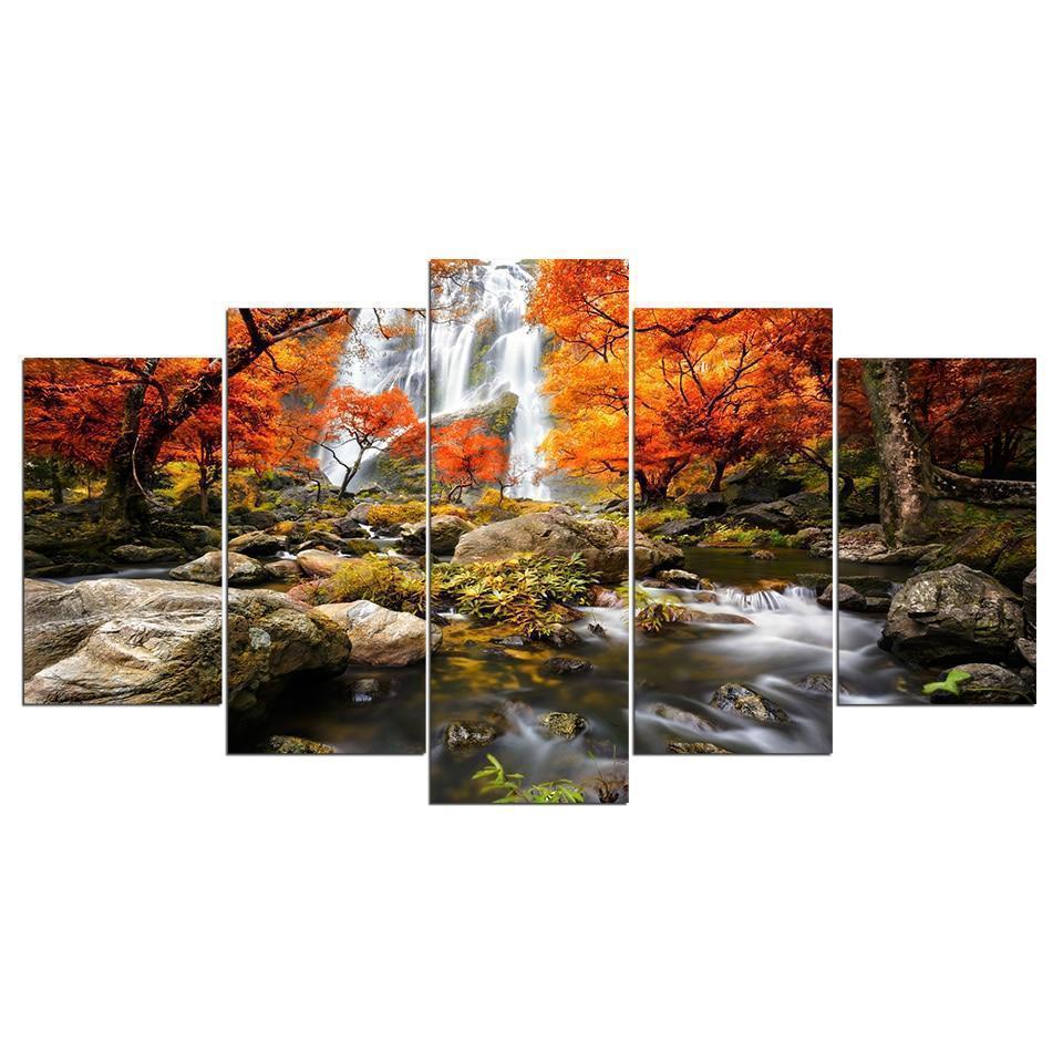Autumn Forest &amp;amp; Waterfall Nature Canvas Wall Art