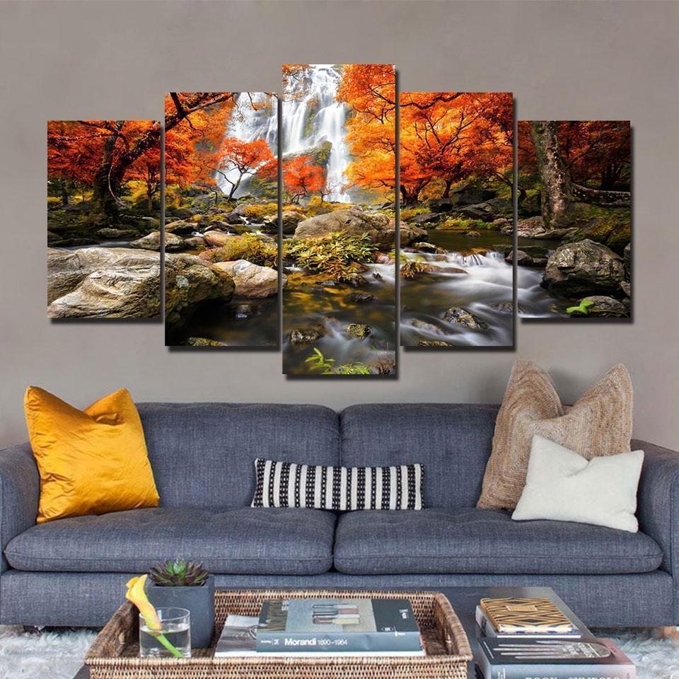 Autumn Forest &amp;amp; Waterfall Nature Canvas Wall Art
