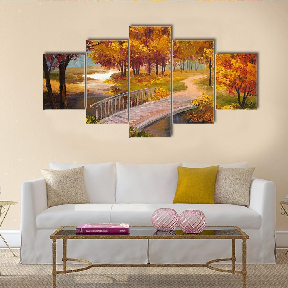 Autumn Forest With A River And Bridge Abstract Nature Canvas Wall Art