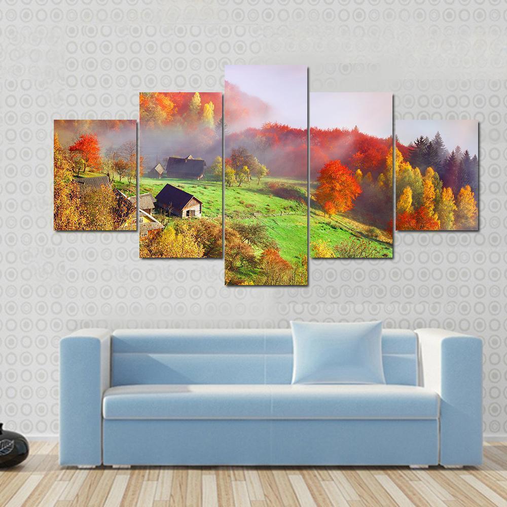 Autumn Landscape In The Mountain Village Sokilsky Ridge, Ukraine, Europe Nature Canvas Wall Art