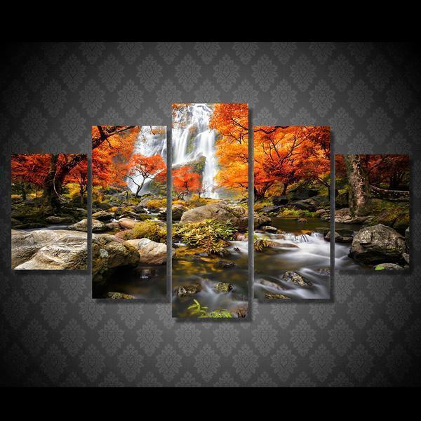 Autumn Nature Lake Forest Waterfall Landscape Nature Canvas Wall Art