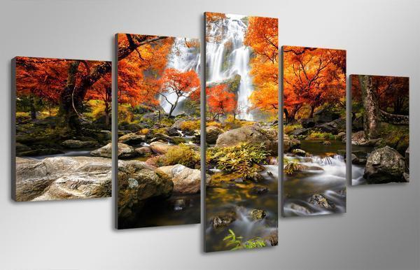 Autumn Nature Lake Forest Waterfall Landscape Nature Canvas Wall Art
