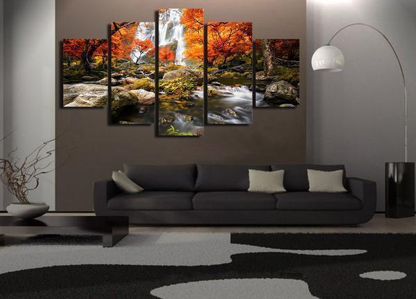 Autumn Nature Lake Forest Waterfall Landscape Nature Canvas Wall Art