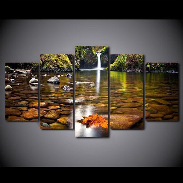 Autumn Waterfall Stones Rocks Reflection Off Water Nature Canvas Wall Art