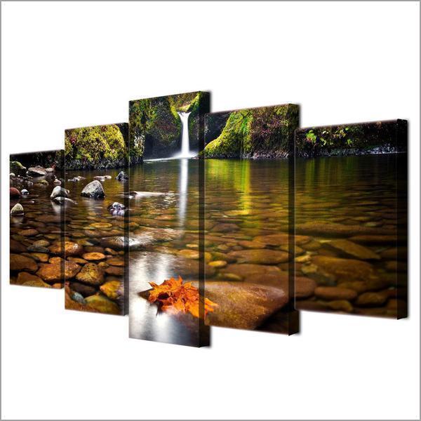 Autumn Waterfall Stones Rocks Reflection Off Water Nature Canvas Wall Art