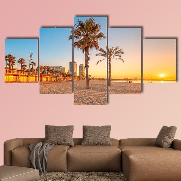 Barceloneta Beach At Sunrise Nature Canvas Wall Art