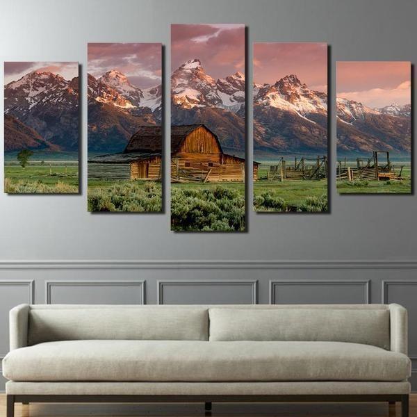 Barn Rocky Mountains Cabin Landscape Nature Canvas Wall Art