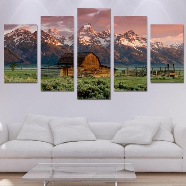 Barn Rocky Mountains Cabin Landscape Nature Canvas Wall Art