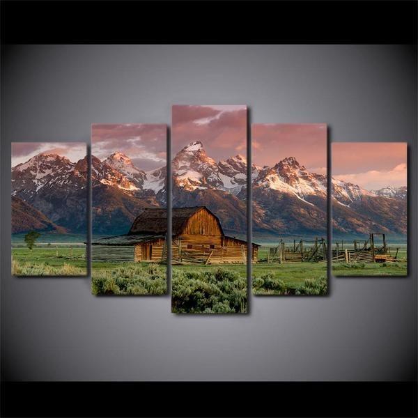 Barn Rocky Mountains Cabin Landscape Nature Canvas Wall Art