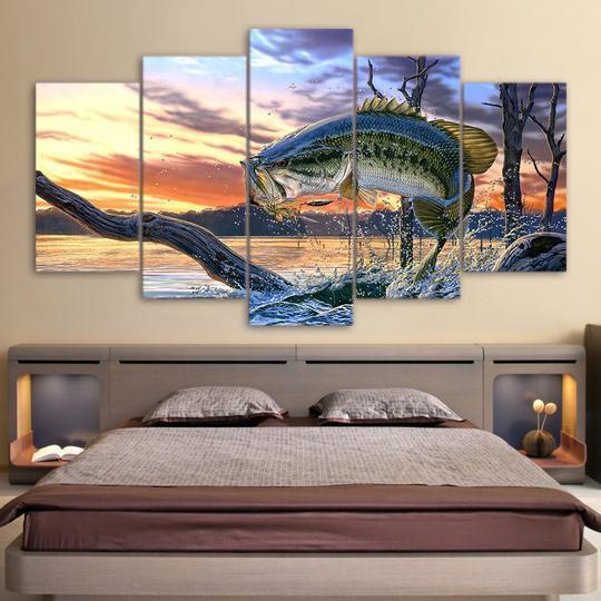 Bass Jumping At Sunrise Fishing Canvas Wall Art