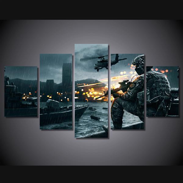 Battlefield Scene Helicopter Soldier Military Army Canvas Wall Art