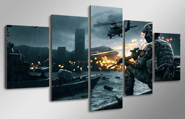 Battlefield Scene Helicopter Soldier Military Army Canvas Wall Art