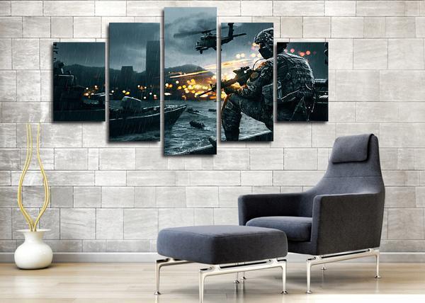 Battlefield Scene Helicopter Soldier Military Army Canvas Wall Art