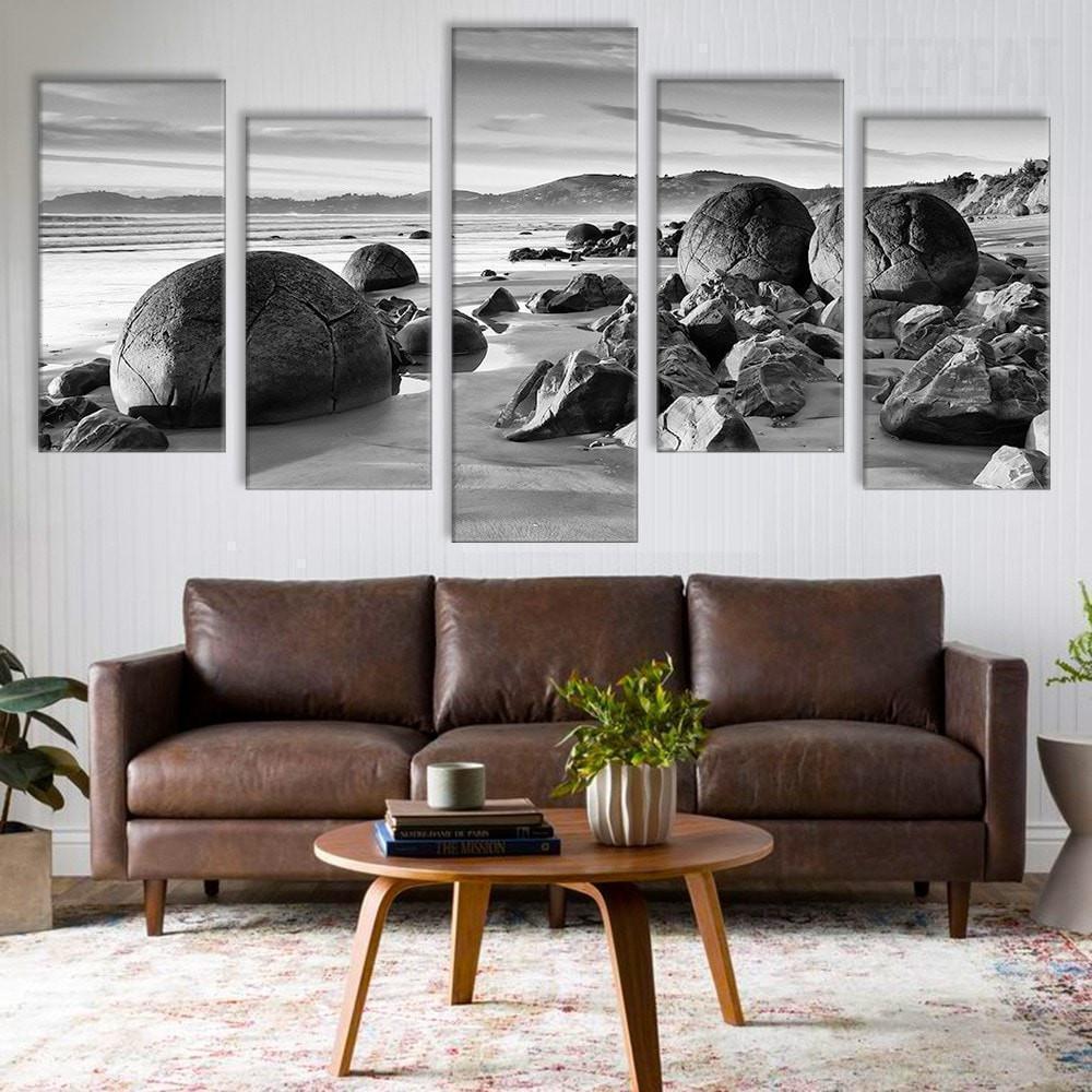 Beach Boulders Black And White Nature Canvas Wall Art