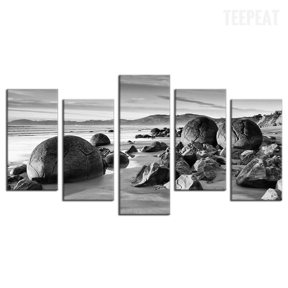 Beach Boulders Black And White Nature Canvas Wall Art