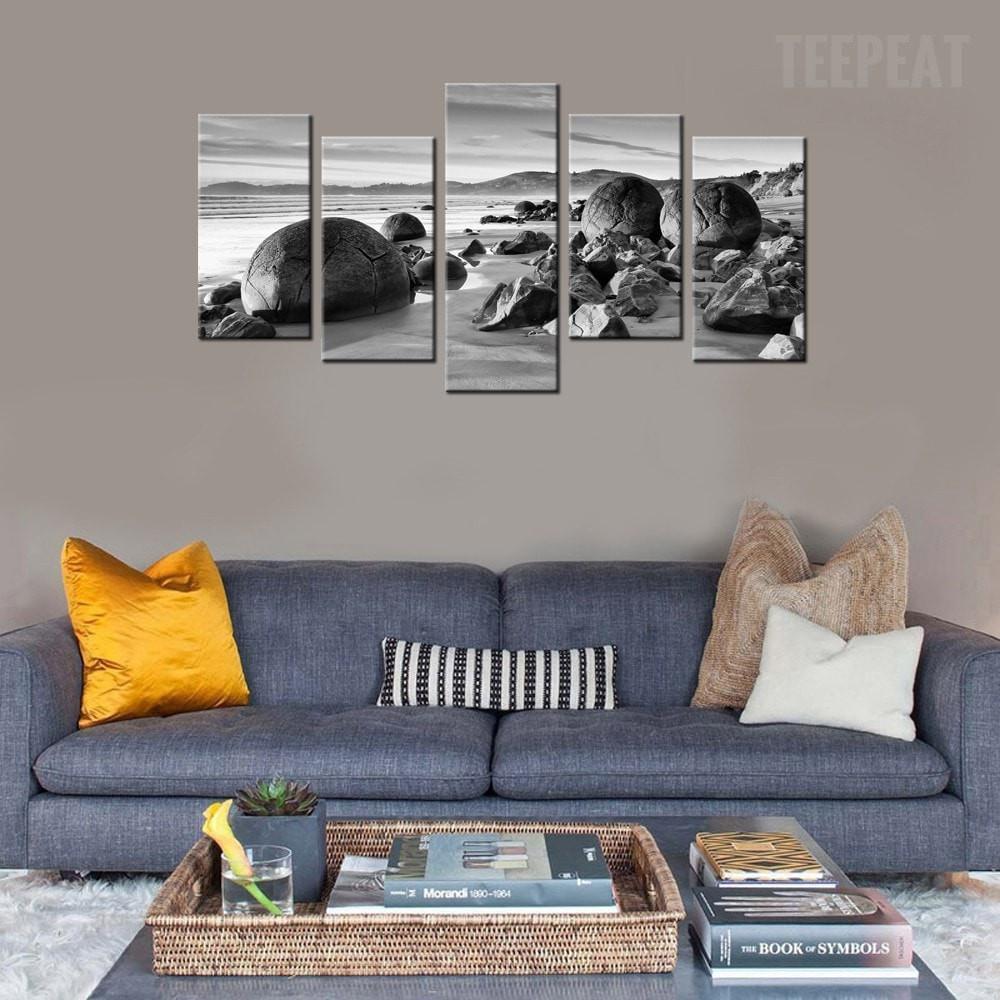 Beach Boulders Black And White Nature Canvas Wall Art