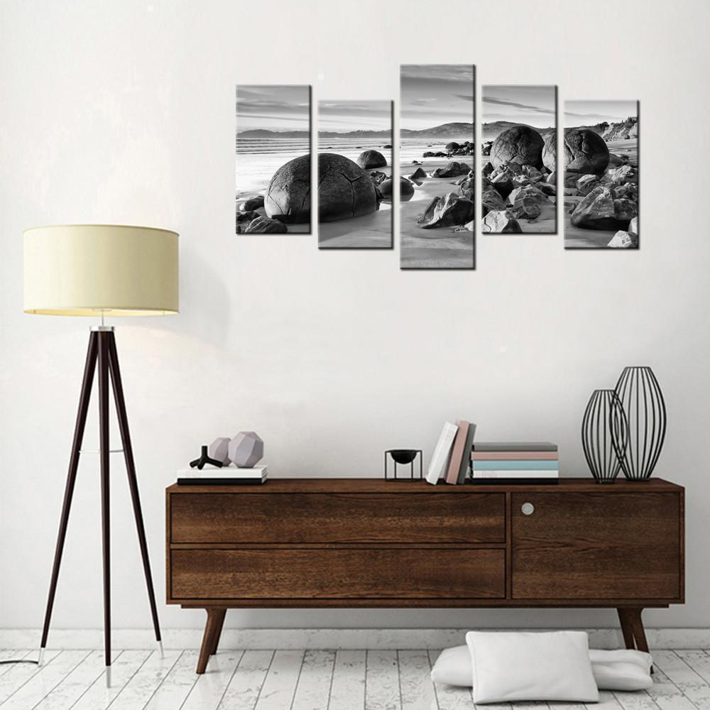 Beach Boulders Black And White Nature Canvas Wall Art