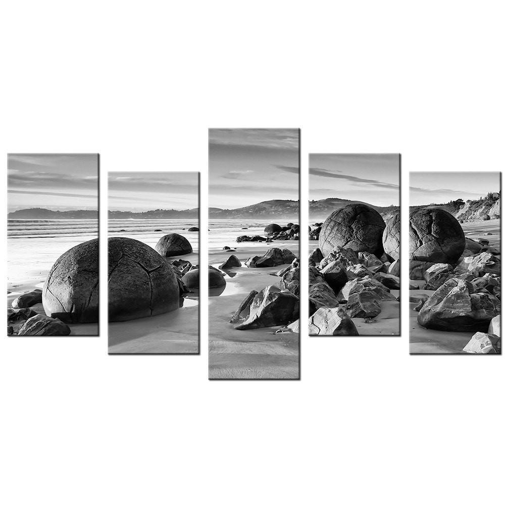 Beach Boulders Black And White Nature Canvas Wall Art