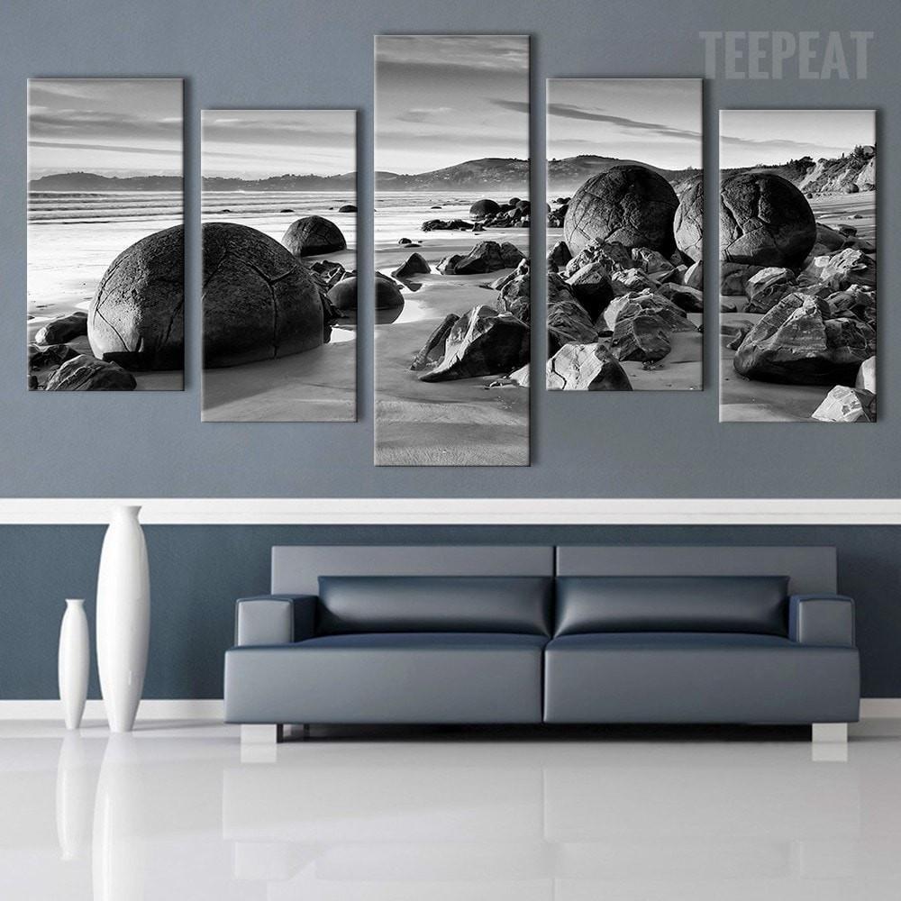 Beach Boulders Black And White Nature Canvas Wall Art