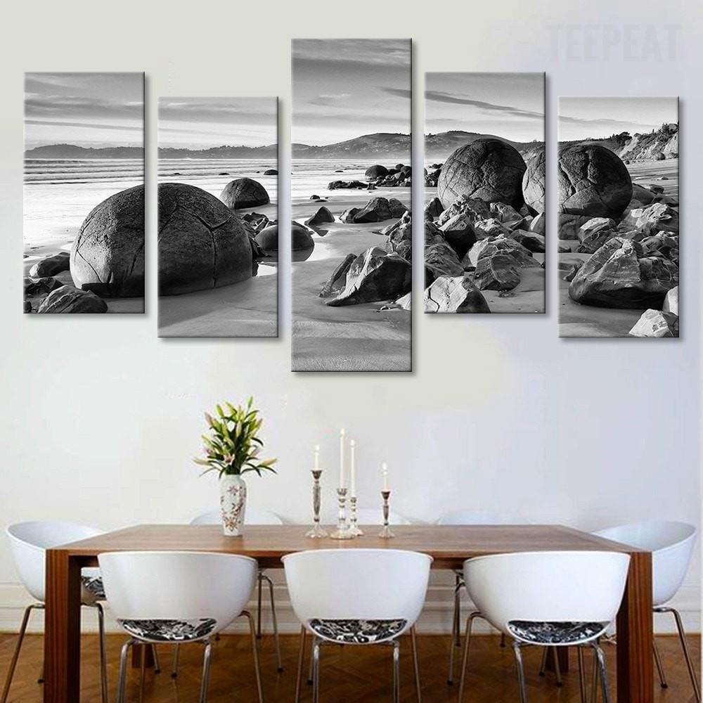 Beach Boulders Black And White Nature Canvas Wall Art