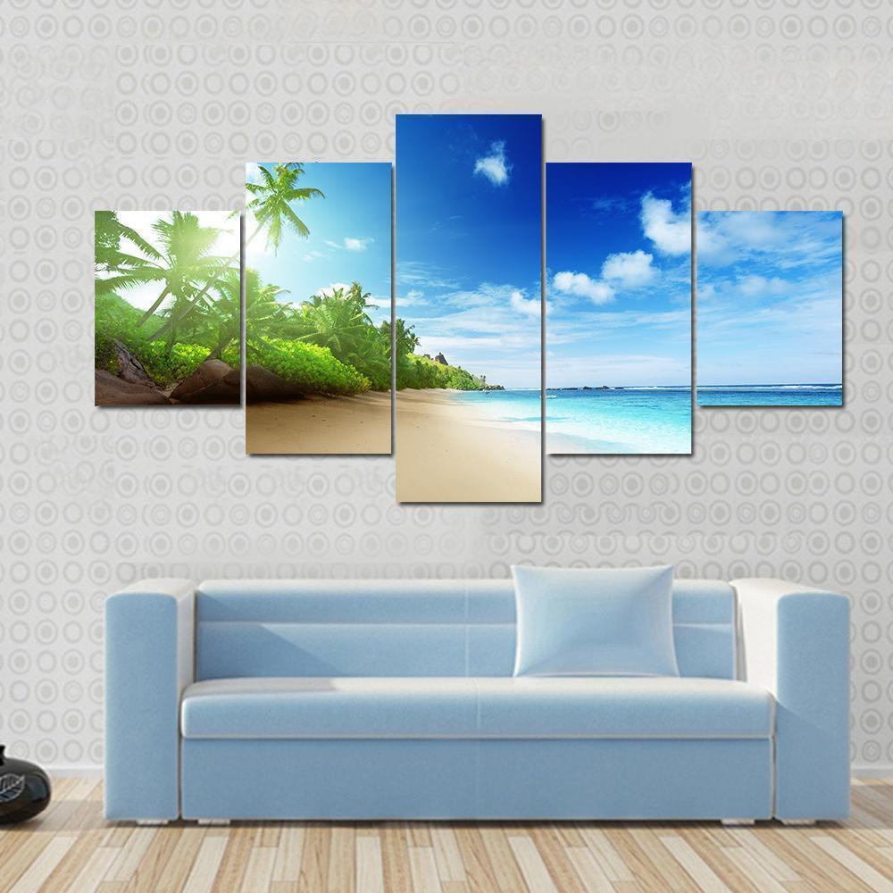 Beach In Sunset Time On Mahe Island Nature Canvas Wall Art