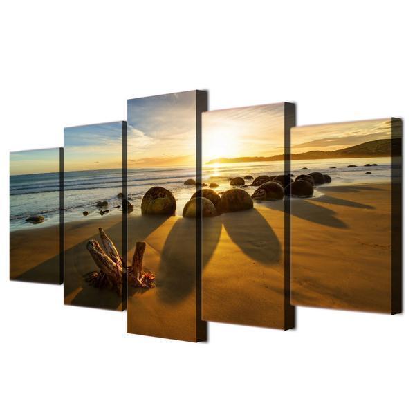 Beach On The Ocean With Rocks At Sunset Nature Canvas Wall Art