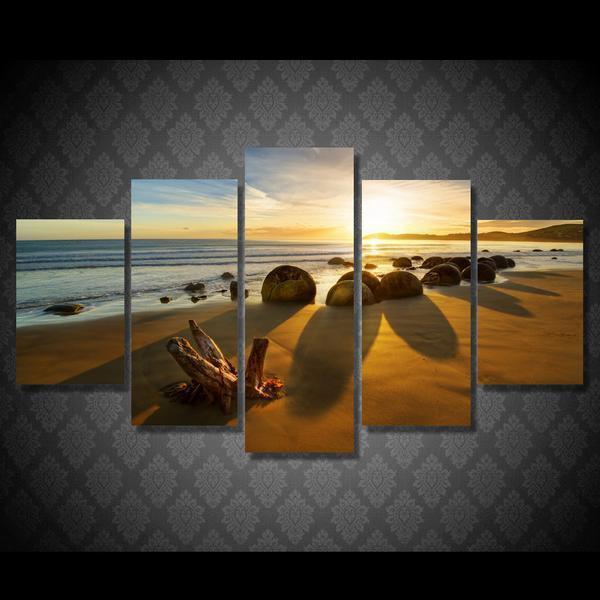 Beach On The Ocean With Rocks At Sunset Nature Canvas Wall Art