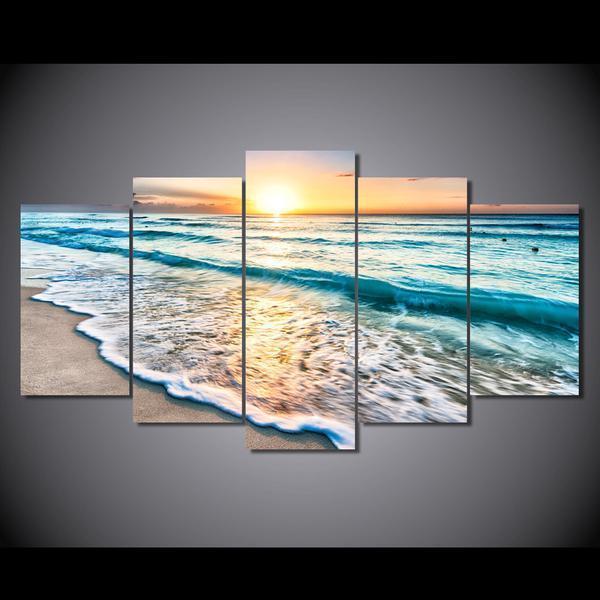 Beach Rolling Wave Seascape And Sunset Nature And Ocean Canvas Wall Art