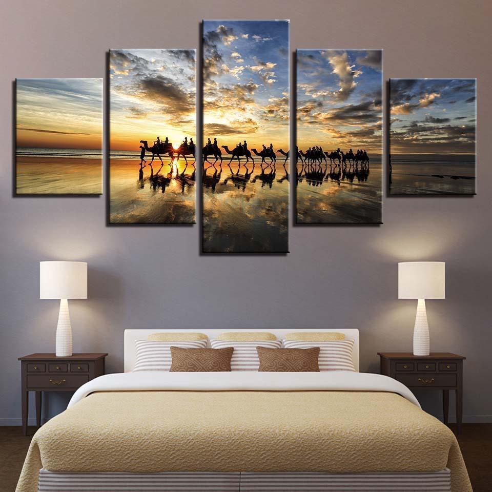 Beach Sunset Seaside Camels Team Nature Canvas Wall Art