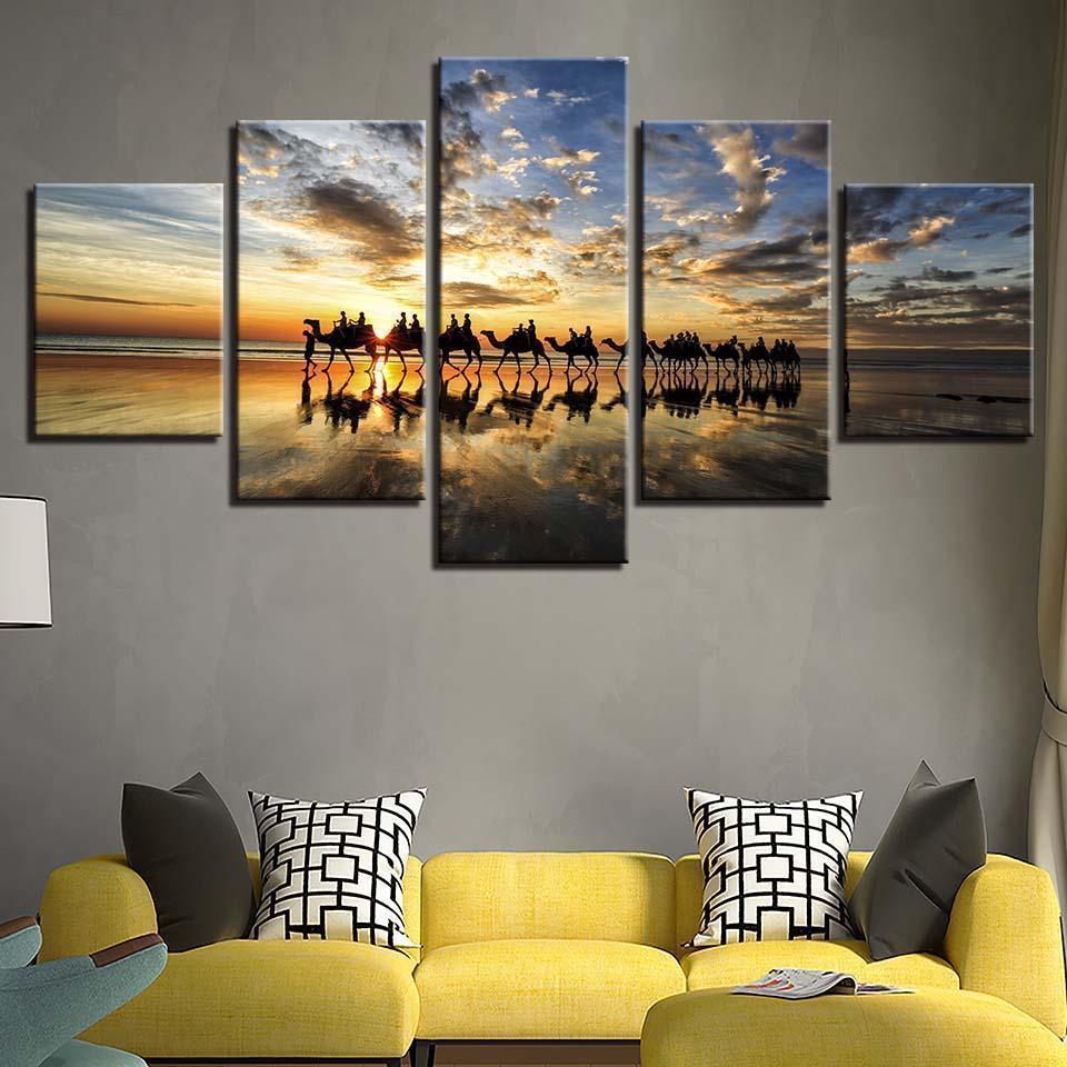 Beach Sunset Seaside Camels Team Nature Canvas Wall Art