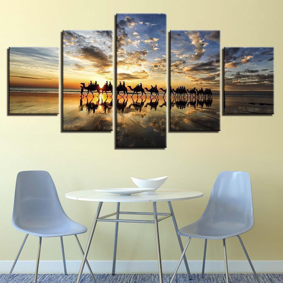 Beach Sunset Seaside Camels Team Nature Canvas Wall Art